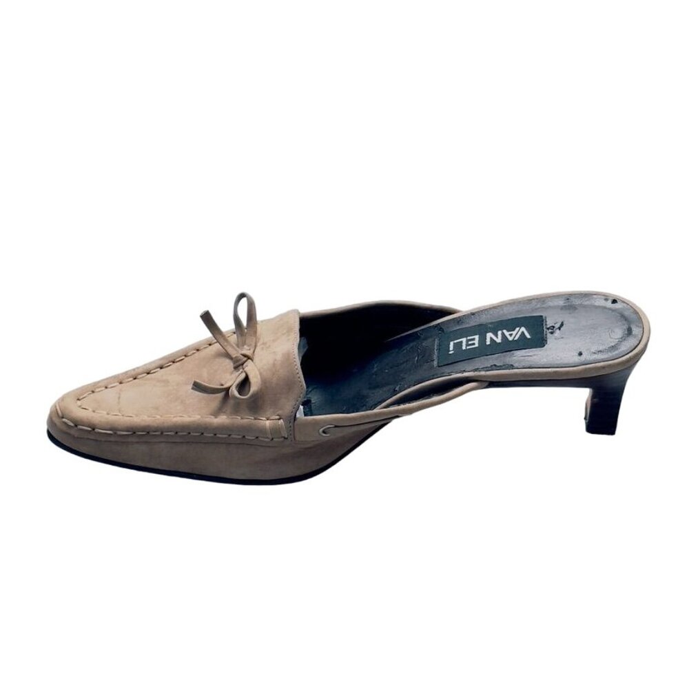 VAN ELI Womens Shoes Beige Suede Leather Kitten Heel Mules Moccasin Look Size 7M - Picture 10 of 13